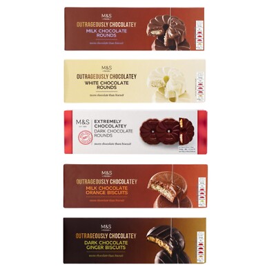 M&S Outrageously Chocolatey Milk Chocolate Orange ,Dark Chocolate Rounds,White Chocolate Rounds Biscuits